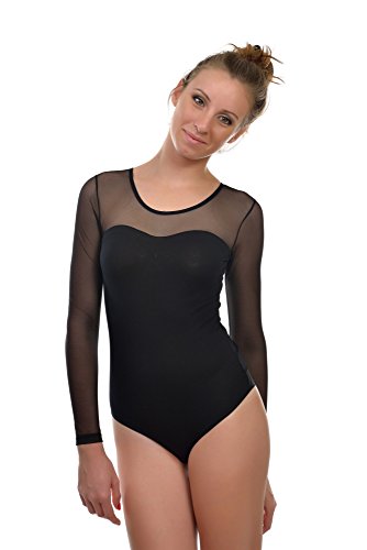 Krisli Damen Langarmbody mit Tüllärmeln Tüll Dekoltee Brazillian Slip (XL(42), Schwarz) von Krisli