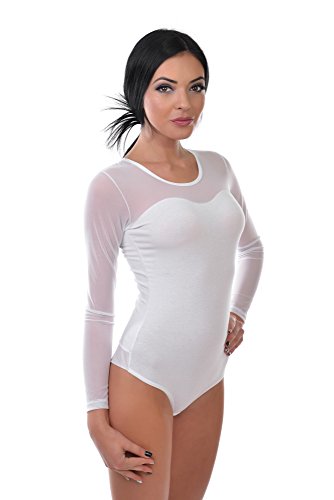 Krisli Damen Langarmbody mit Tüllärmeln Tüll Dekoltee Brazillian Slip (XL(42), Weiß) von Krisli