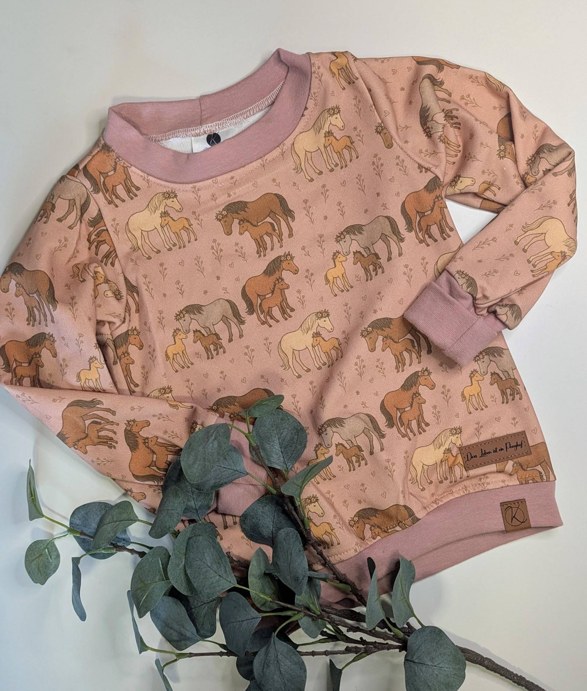 Pullover Langarm French Terry Pferdeprint Altrosa Herbst Pulli Weicher Bequemer Für Kleine Pferdemädchen Gr. 92/98/104 von KrissysHandmadeShop