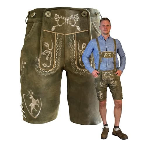 Krist und König - Lederhose Wildbock - inkl. Hosenträger, feinstes Wildbockleder, Trachtenlederhose, Oktoberfest, einmaliges Preis-Leistungs-Verhältnis, Größe 52, olivefarben von Krist und König