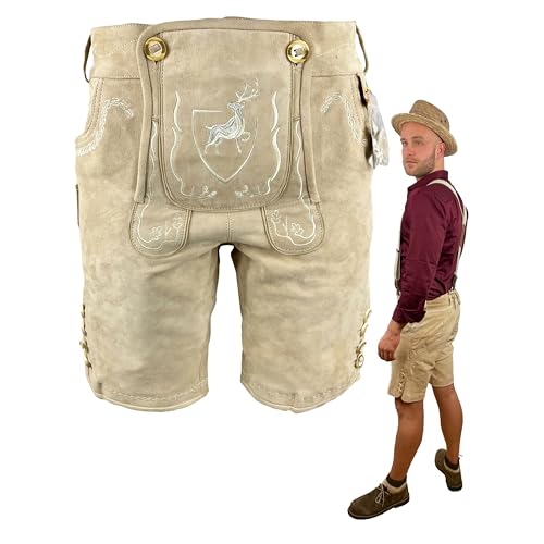 Krist und König Lederhosen - Modell Der Hirsch in beige - feinstes Wildbockleder, samtweich und beständig, Herren - Trachtenlederhosen (DE/NL/SE/PL, Numerisch, 58, Regular, Regular, weiße Stickereien) von Krist und König