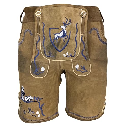 Krist und König Lederhosen - Modell Doppelmurmel - braun mit blauen Stickereien - Größe 48 - feinstes Wildbockleder, samtweich und beständig - Trachtenlederhose Krist und König Lederhosen - Modell Doppelmurmel - braun mit blauen Stickereien - Größe 48 - feinstes Wildbockleder, samtweich und beständig - Trachtenlederhose von Krist und König