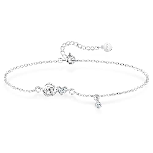 925 Sterling Silber Amband Damen CZ Herz Kamelie Armschmuck, Empfindlich Klein Kristall Herz Liebe ArmKette, Kommt in Schmuck Geschenk Box von KristLand