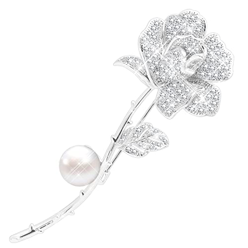 KristLand Blumen Brosche Weiß Vergoldete Brosche Retro Art Deco Rosen Blume Outfits Brosche mit Funkelnden Zirkonia Perle Hochzeit Party Braut Geburtstag Geschenk für Damen von KristLand