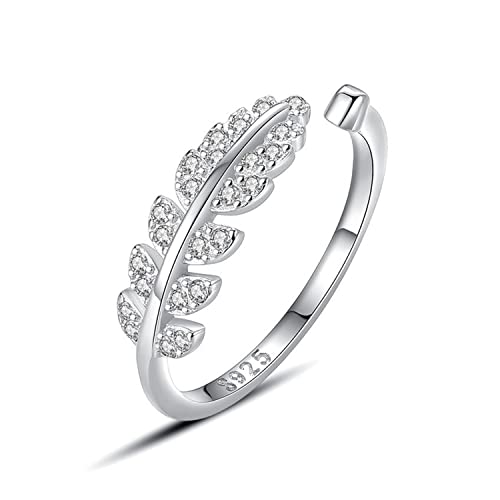 KristLand Damen Ring Sterling Silber Blatt Ring Verstellbarer Ring Silber 925 Zacken Zirkonia Geburtstagsgeschenk für Damen und Mädchen von KristLand