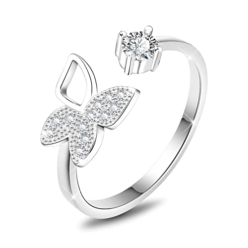 KristLand Damen Schmetterling Ring Silber Verstellbare Ringe für Frauen 925 Offener Ring Fingerring mit Zirkonia Stein Jubiläum Hochzeit Geburtstagsgeschenk für Damen Mädchen von KristLand