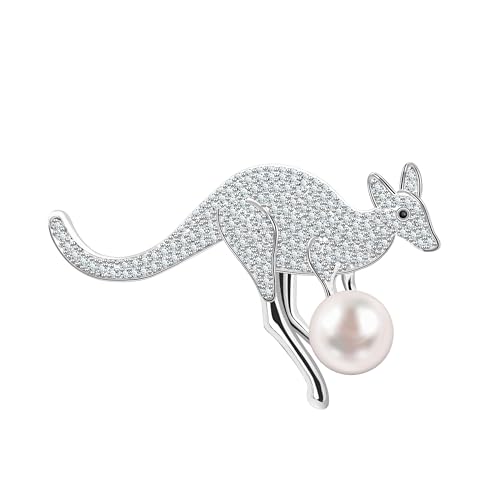 KristLand Elegante Känguru Brosche mit funkelnden Zirkonia Steinen und weißer Perle Tier Schmuck Pin Vintage Design Premium Silber Brosche für Damen Herren Geburtstag Party Hochzeit Geschenkidee von KristLand
