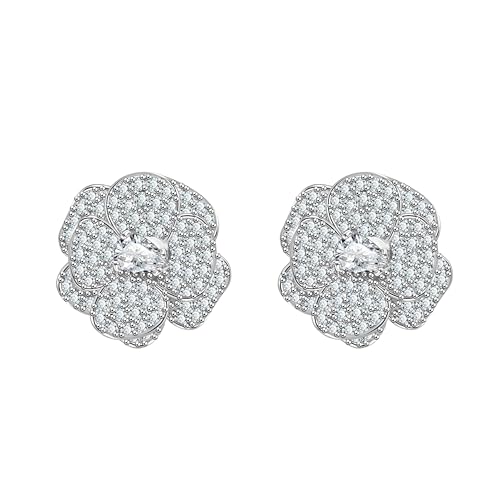 KristLand Frauen Damen 3D-Design Kamelien Ohrringe Weißgold beschichtete Kupferlegierung mit Zirkonia 925er Silber Ohrstecker in Geschenkbox von KristLand