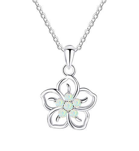 KristLand Moonlight Damen Kette Halsketten Leuchtend Erstellt Weißer Opal Anhänger aus Sterlingsilber mit Blumenform Anhänger 15MM Liebe für Immer Hochzeiten Damenschmuck Geschenkbox von KristLand