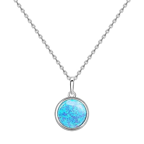 KristLand Moonlight Kette Damen Erstellt Weißer Opal Anhänger aus Sterlingsilber mit Anhänger kreisförmig Kreis Form Geschenk für Frauen/Mädchen/Hochzeiten/Party 16MM Blau Opal von KristLand