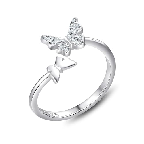 KristLand Offener Ring 925 Silber Verstellbarer Ring Schmetterling Ring mit Funkelnd Zirkonia Täglich Schmuck Geschenkbox Damen Mädchen von KristLand