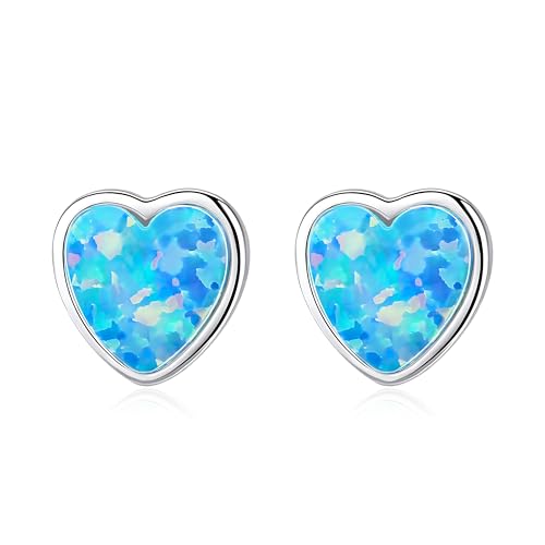 KristLand Opal Herz Ohrstecker für Damen Ohrringe aus 925er Sterling Silber Vergoldet mit Blauem Opalstein Funkelnde Zirkonia Schmuck Geschenkbox Damen Mädchen von KristLand