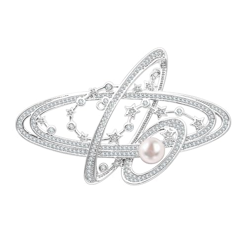 KristLand Ovaler Planetenring Brosche mit Funkelnden Zirkonien & Perle Weiß vergoldet für Damen Hochzeit Party Geschenk in Box von KristLand