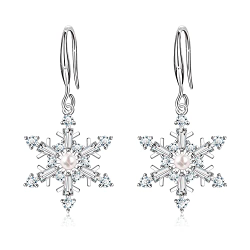 KristLand Schneeflocke Tropfen Ohrringe mit funkelnden kubischen Zirkonia Perle Gold plattiert Schneeflocke Blume Ohrring Geburtstag Party Weihnachten Luxus Vision Geschenk für Frau Weiß von KristLand