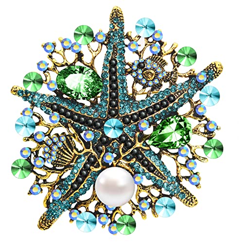 KristLand Seestern Brosche österreichischer Kristall Strass Perle Damen Corsage Vergoldete Brosche Meerestier Brosche Tasche Brosche Party Geburtstag Geschenkbox Damen Grün-Schwarz von KristLand