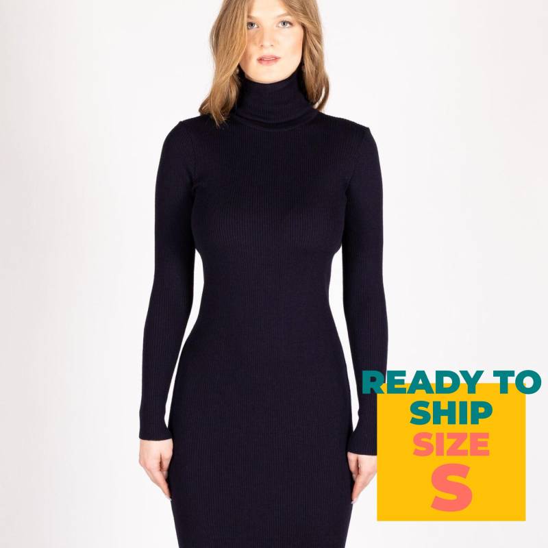 Dunkelblau Figurbetontes Kleid Aus Wolle, Enges Rollkragen-Midikleid Merinowolle, Wadenlanges, Knielanges Slim-Fit-Kleid, Bleistiftkleid von KristaElsta