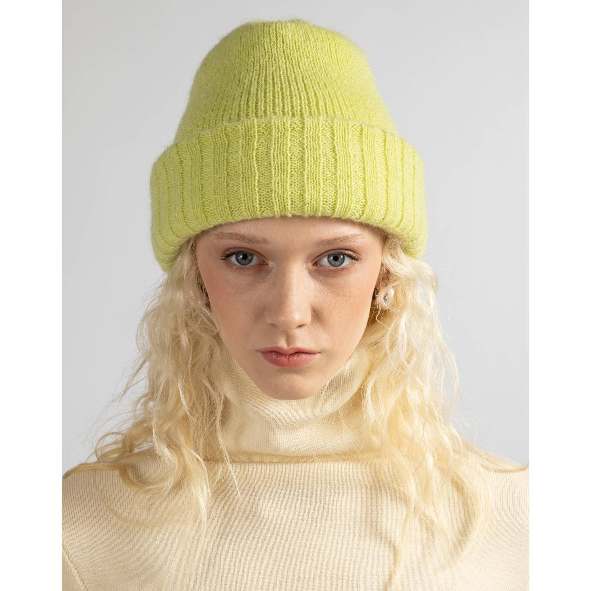 Gelb-Grüne Wendbare Mohair Wollmütze - Doppellagige Strick-Beanie Damen Wintermütze von KristaElsta