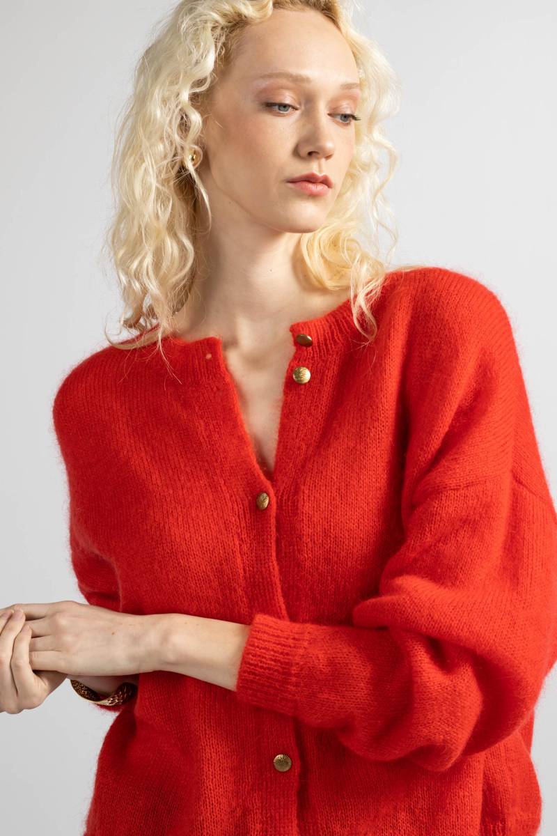 Rote Mohair-Strickjacke, Knopfverschluss-Strick, Langarm-Jacke, Kurze Woll-Strickjacke Mit Knöpfen, Leuchtend Rote, Auffällige Strickmode von KristaElsta