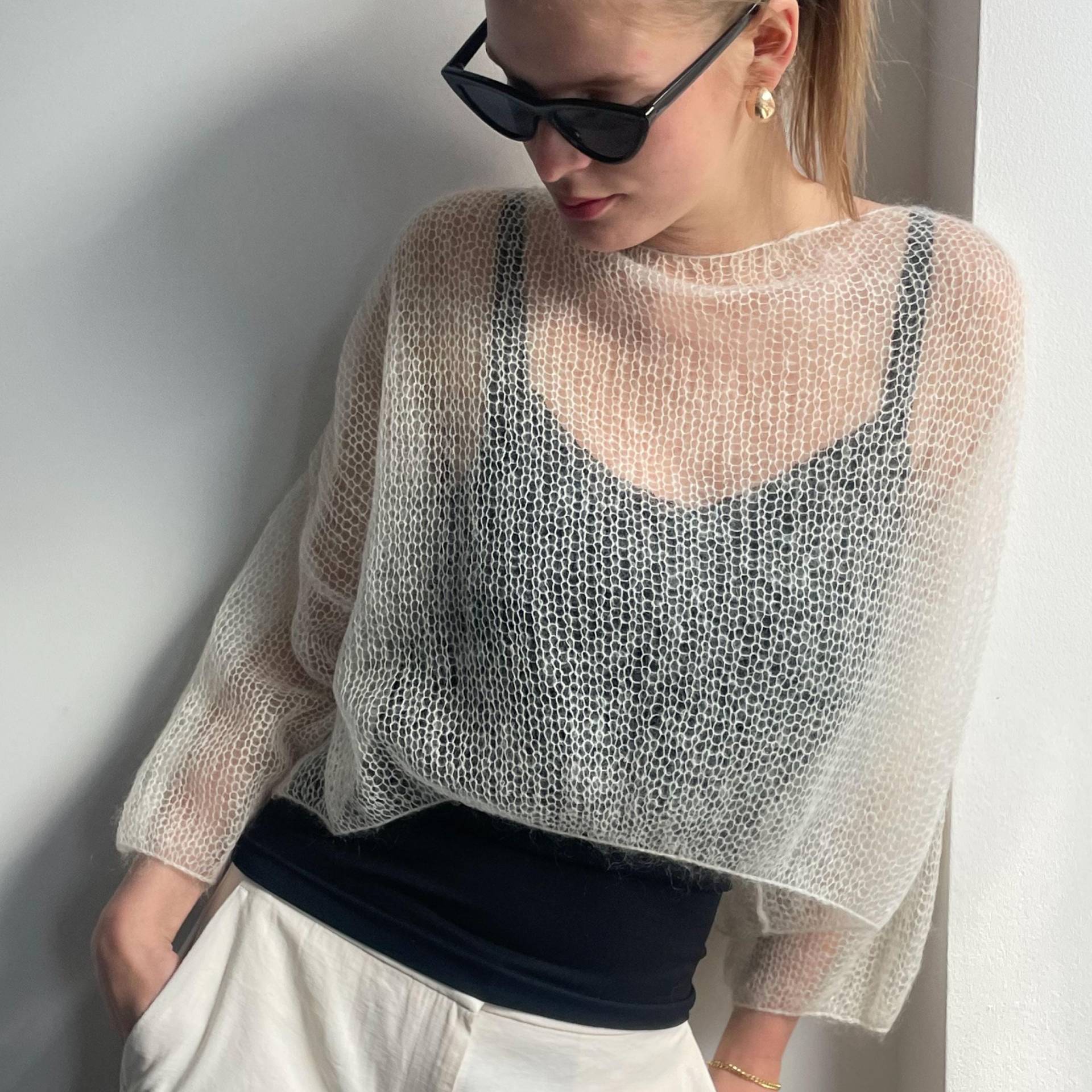 Sommertop, Strickpullover Aus Mohair, Transparentes Mohair-Crop-Top, Handgestrickter Leichter Pullover, Weißer Pullover Mit 3/4-Ärmeln von KristaElsta