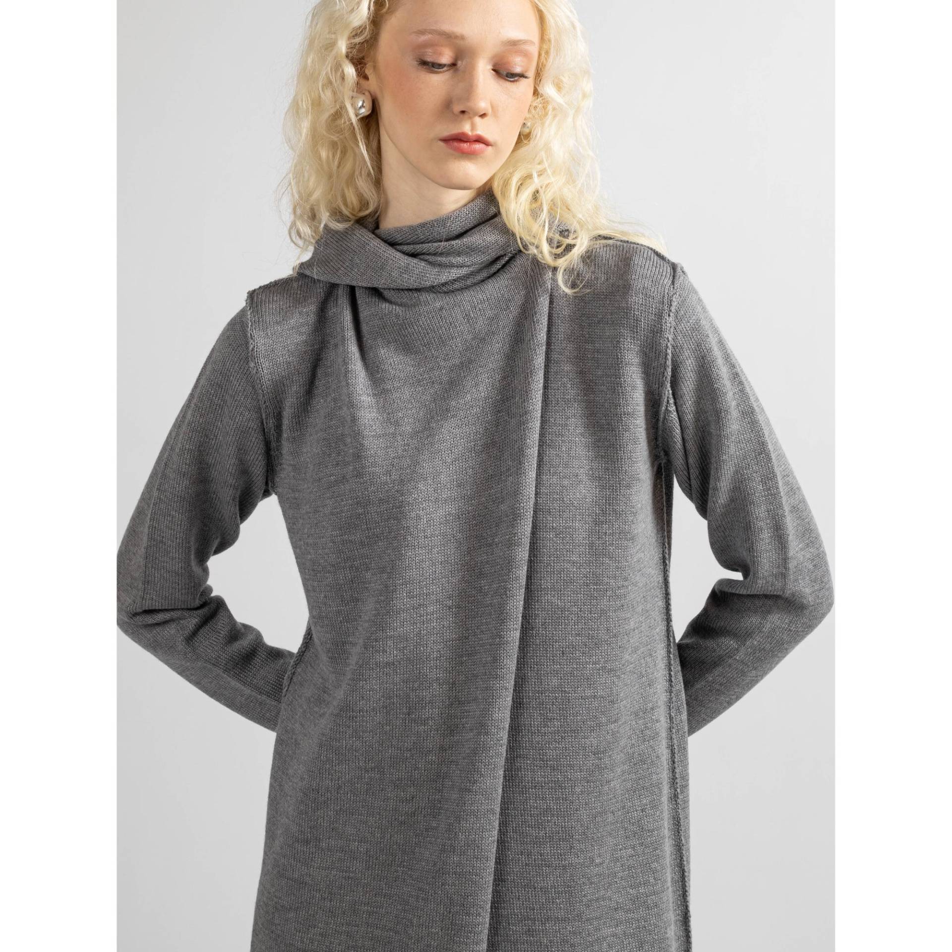 Wollkapuzen-Kardigan, Langer Grauer Cardigan Mit Offenem Frontwickel, Wollstrickpullover, Gemütlicher Strickmantel Für Damen von KristaElsta