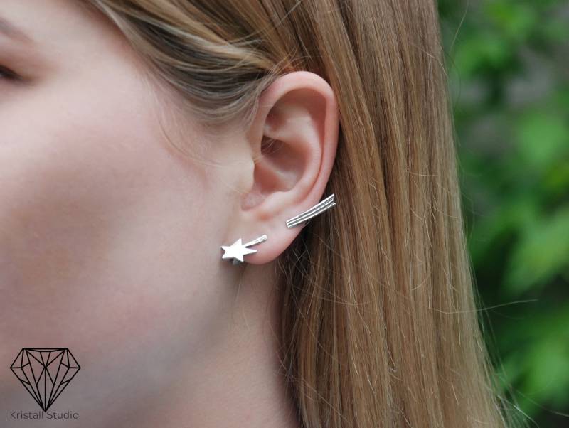 Mono Cuff Space Star Ohr Kletterer Krabbelohrringe/ Linkes Silber Mismatched Cuffs von KristallSilverStudio