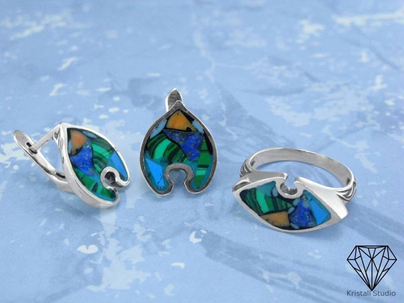 sterling Silber Set Handmade/Malachit Schmuck Ring & Ohrringe Silver Lapis Lazuli Und von KristallSilverStudio