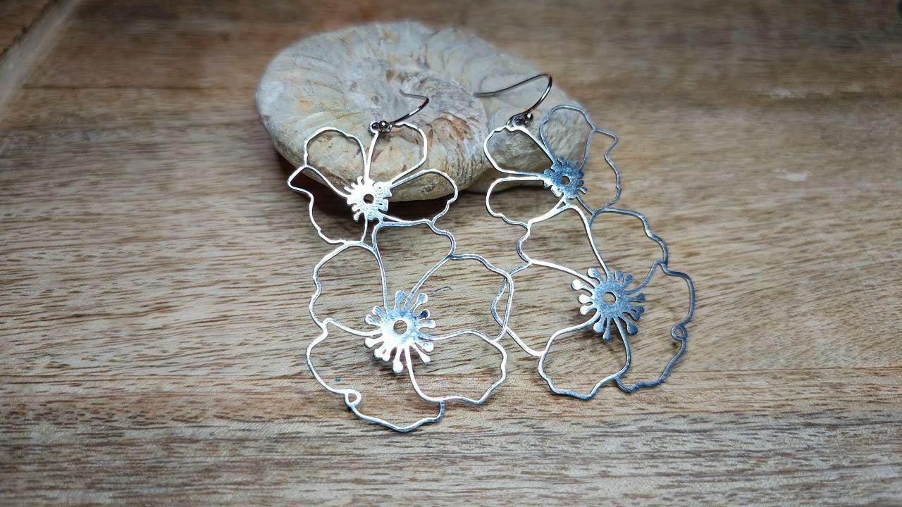 Boho Hängeohrring Blumen Ohrring, Edelstahl, Sehr Leicht, Filigran, Blatt, Ohrhänger, Silber, Gold von KristallklarKetten