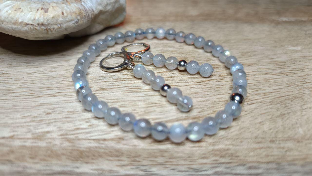 Mondstein Grau Perlen Armband, Ohrringe 5mm, Set, Rund, Grau, Edelstahl von KristallklarKetten
