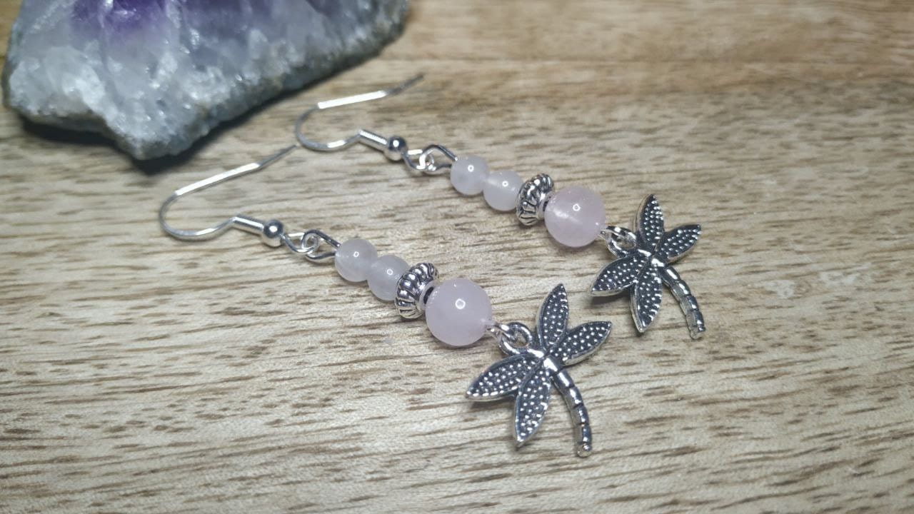 Rosenquarz Ohrring Hängeohrring, Perle, Libelle, 925 Silber von KristallklarKetten