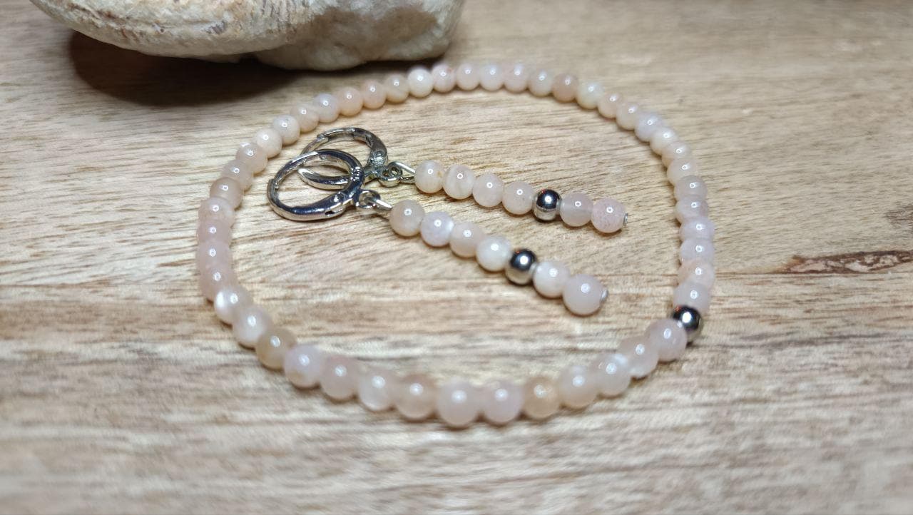 Sonnenstein Perlen Armband, Ohrringe 4mm, Sunstone, Set, Rund, Orange, Edelstahl von KristallklarKetten