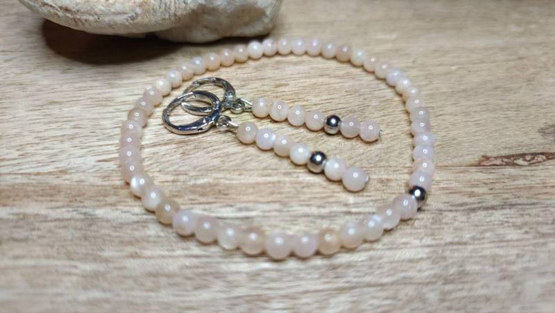Sonnenstein Perlen Armband, Ohrringe 4mm, Sunstone, Set, Rund, Orange, Edelstahl Sonnenstein Perlen Armband, Ohrringe 4mm, Sunstone, Set, Rund, Orange, Edelstahl von KristallklarKetten