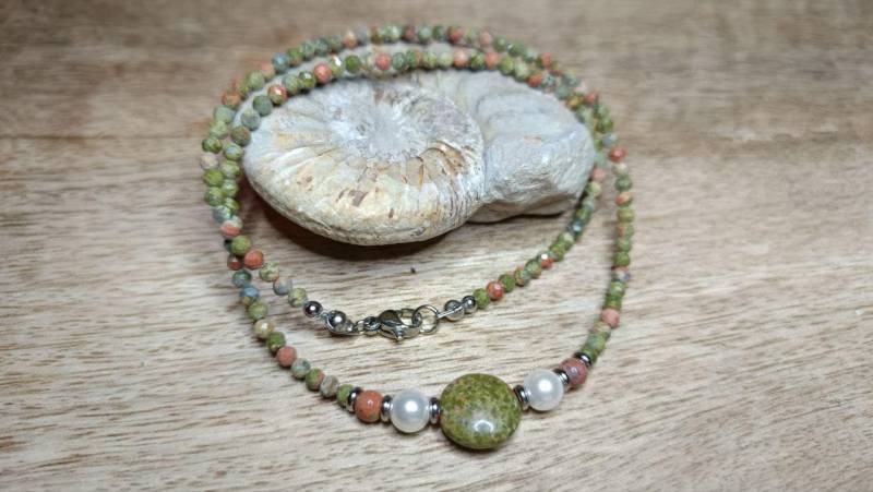 Unakite Kette 3mm, Facettiert, Unakit Münzperle, Süßwasserperle, Perlen Kette, Edelsteinkette, Collier Unakite Kette 3mm, Facettiert, Unakit Münzperle, Süßwasserperle, Perlen Kette, Edelsteinkette, Collier von KristallklarKetten