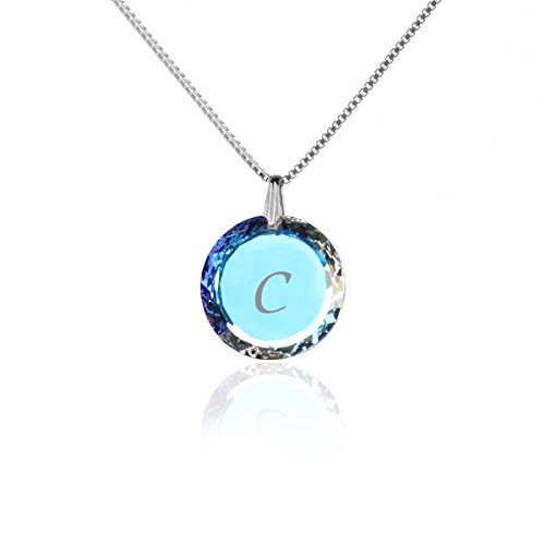Individuelle Damen Halskette 925 Sterling Silber erstellt mit Swarovski Elements Anhänger Blue AB und Gravur C als Geschenk Muttertagsgeschenk Geburtstagsgeschenk für die Frau oder Freundin von Kristallwerk