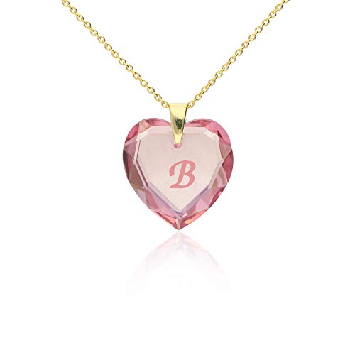 Damen Halskette 925 Silber vergoldet mit SWAROVSKI ELEMENTS Herz Anhänger Rosé AB und Buchstabengravur " B ", Herzkette als Geschenk für die Frau, Freundin oder zum Valentinstag von Kristallwerk