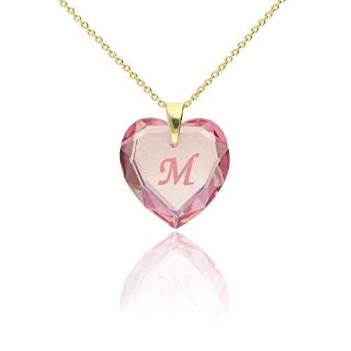 Damen Halskette 925 Silber vergoldet mit SWAROVSKI ELEMENTS Herz Anhänger Rosé AB und Buchstabengravur " M ", Herzkette als Geschenk für die Frau, Freundin oder zum Valentinstag von Kristallwerk