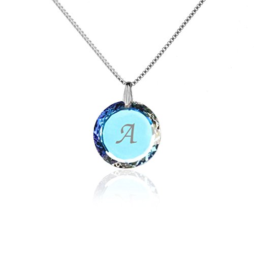 Individuelle Damen Halskette 925 Sterling Silber erstellt mit Swarovski Elements Anhänger Blue AB und Gravur A als Geschenk Muttertagsgeschenk Geburtstagsgeschenk für die Frau oder Freundin von Kristallwerk