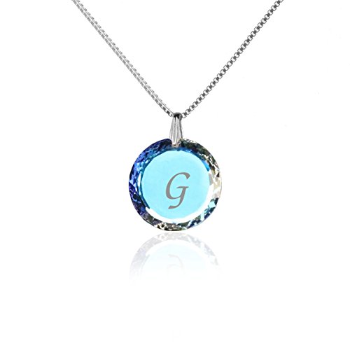 Individuelle Damen Halskette 925 Sterling Silber erstellt mit Swarovski Elements Anhänger Blue AB und Gravur G als Geschenk Muttertagsgeschenk Geburtstagsgeschenk für die Frau oder Freundin von Kristallwerk