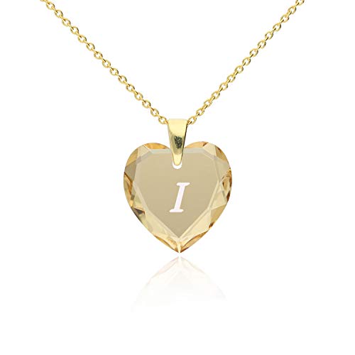 Damen Ketten mit Gravur 925 Silber vergoldet, SWAROVSKI ELEMENTS Herz Anhänger Farbe Golden Shadow Buchstabengravur " I ", Herzkette als Geschenk für die Frau, Freundin oder zum Valentinstag von Kristallwerk