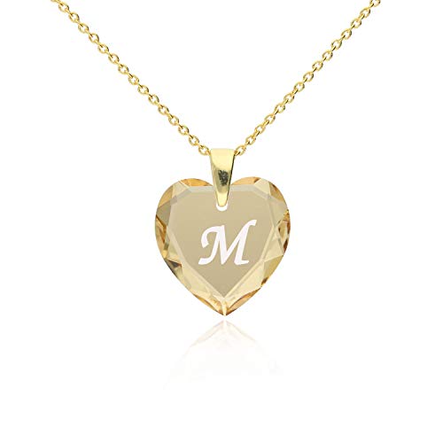 Damen Ketten mit Gravur 925 Silber vergoldet, SWAROVSKI ELEMENTS Herz Anhänger Farbe Golden Shadow Buchstabengravur " M ", Herzkette als Geschenk für die Frau, Freundin oder zum Valentinstag von Kristallwerk