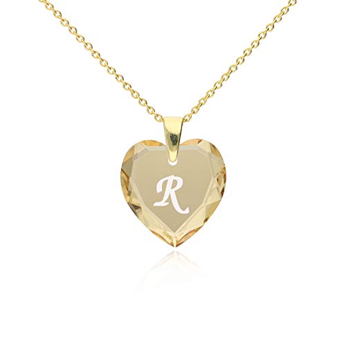 Damen Ketten mit Gravur 925 Silber vergoldet, SWAROVSKI ELEMENTS Herz Anhänger Farbe Golden Shadow Buchstabengravur R, Herzkette als Geschenk für die Frau, Freundin oder zum Valentinstag von Kristallwerk