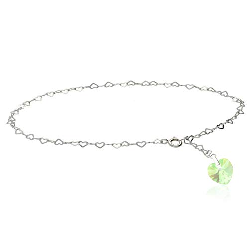 Fußkette, Fußkettchen 925 Silber mit Swarovski Elements Herz in der Farbe Peridot AB von Kristallwerk
