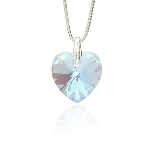 Halskette Damen 925 Silber mit Swarovski Elements Herz Anhänger Aquamarine AB als Geburtstagsgeschenk für Frauen, Geschenk für die Freundin, sage mit einer Herzkette Ich liebe dich. von Kristallwerk