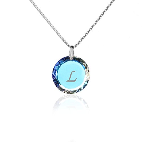 Individuelle Damen Halskette 925 Sterling Silber erstellt mit Swarovski Elements Anhänger Blue AB und Gravur L als Geschenk Muttertagsgeschenk Geburtstagsgeschenk für die Frau oder Freundin von Kristallwerk
