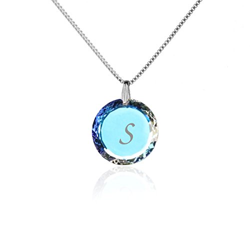 Individuelle Damen Halskette 925 Sterling Silber erstellt mit Swarovski Elements Anhänger Blue AB und Gravur S als Geschenk Muttertagsgeschenk Geburtstagsgeschenk für die Frau oder Freundin von Kristallwerk