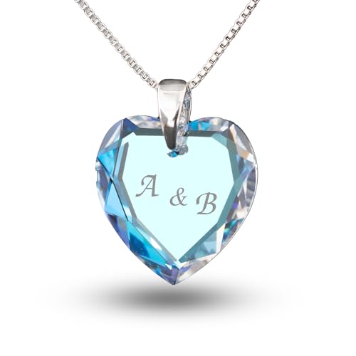 Damen Halskette 925 Sterling Silber mit SWAROVSKI ELEMENTS Herz Anhänger Blue AB individuell gestalten von Kristallwerk