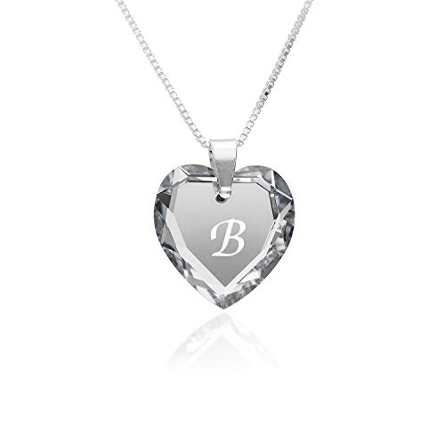 Kette Damen 925 Silber, SWAROVSKI ELEMENTS Herzanhänger Farbe Crystal Silber Buchstabengravur " B ", Herzkette als Geschenk für die Frau, Freundin oder zum Valentinstag von Kristallwerk