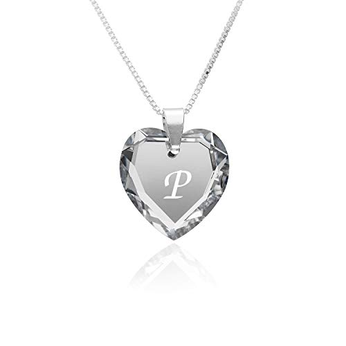 Kette Damen 925 Silber, SWAROVSKI ELEMENTS Herzanhänger Farbe Crystal Silber Buchstabengravur " P ", Herzkette als Geschenk für die Frau, Freundin oder zum Valentinstag von Kristallwerk