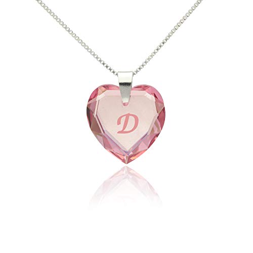 Kette mit Gravur 925 Silber, SWAROVSKI ELEMENTS Herz Anhänger Farbe Rosé AB und Buchstabengravur " D ", Herzkette als Geschenk für die Frau, Freundin oder zum Valentinstag von Kristallwerk