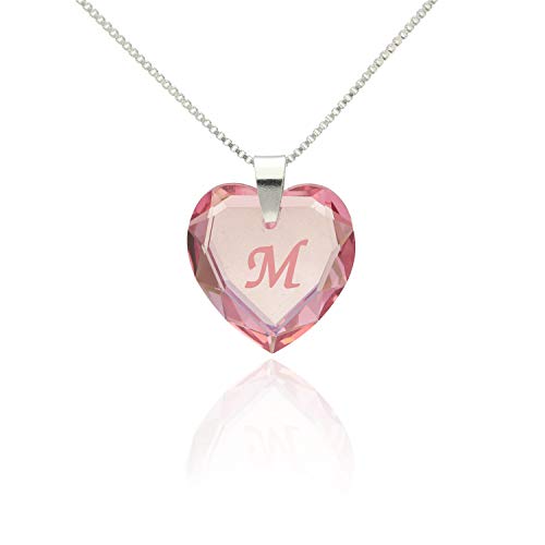 Kette mit Gravur 925 Silber, SWAROVSKI ELEMENTS Herz Anhänger Farbe Rosé AB und Buchstabengravur " M ", Herzkette als Geschenk für die Frau, Freundin oder zum Valentinstag von Kristallwerk