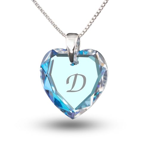 Individuelle Kinderkette 925 Silber erstellt mit Swarovski Elements Herzanhänger Farbe Blue AB und Gravur Buchstabe D als Geschenk oder zum Geburtstag von Kristallwerk
